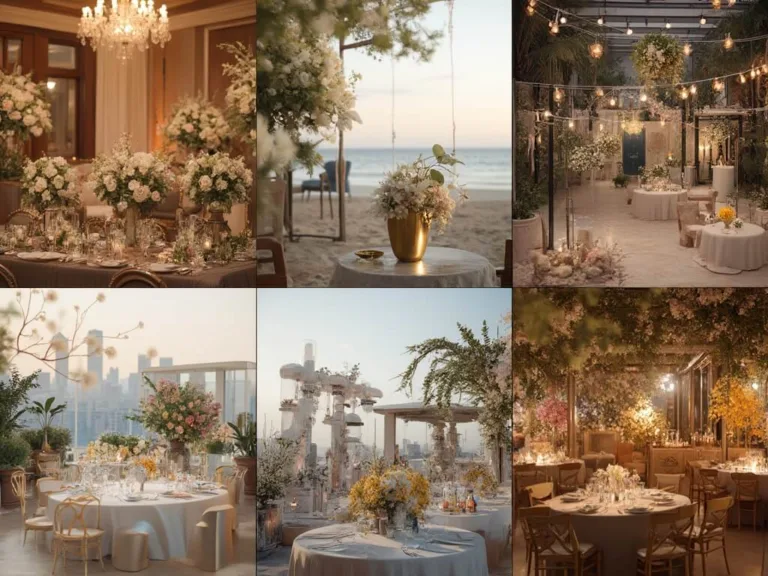 14 Wedding Floral Themes That Will Make Your Dream Day Come True (Number 6 is a Must-See!) A collage of six distinct wedding floral styles in ultra HD, showcasing a grand ballroom with white roses, a garden with pastel flowers, a bohemian beach with sunflowers, a modern rooftop with geometric calla lilies, a rustic barn with mason jar wildflowers, and a luxurious gallery with orchid installations.