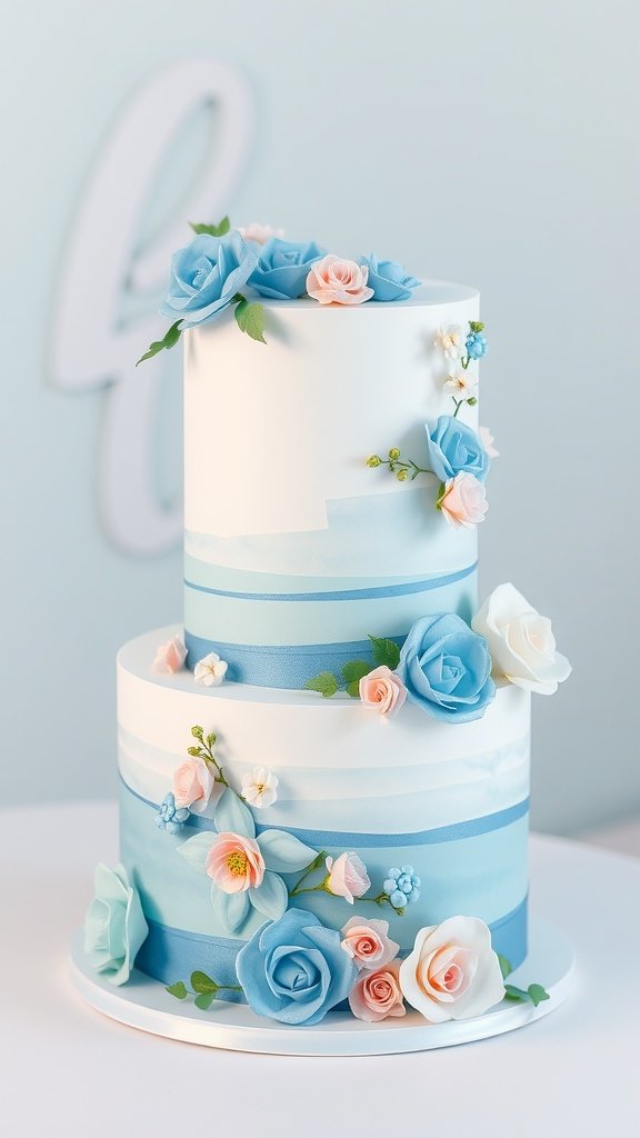 29 Creative Something Blue Bridal Shower Ideas to Inspire You A beautiful two-tiered blue cake with floral decorations