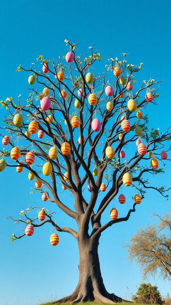 50 Cute Easter Wallpapers to Celebrate the Season A tree decorated with colorful Easter eggs against a blue sky.