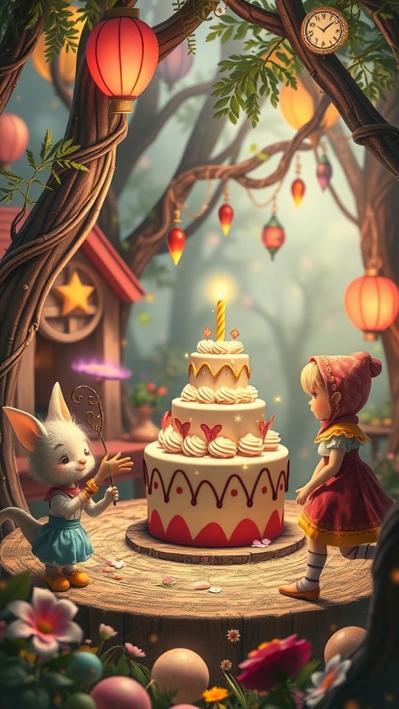 50 Fun and Creative Birthday Phone Wallpapers You’ll Love A whimsical fairy tale scene with a cute character and a birthday cake surrounded by flowers and lanterns.
