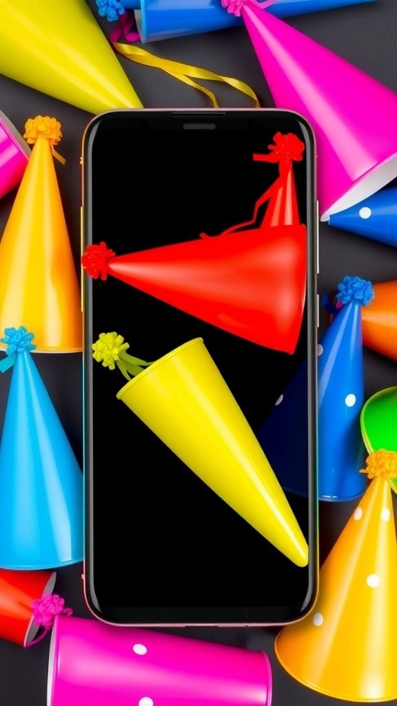 50 Fun and Creative Birthday Phone Wallpapers You’ll Love Colorful party hats surrounding a smartphone displaying a vibrant birthday theme.
