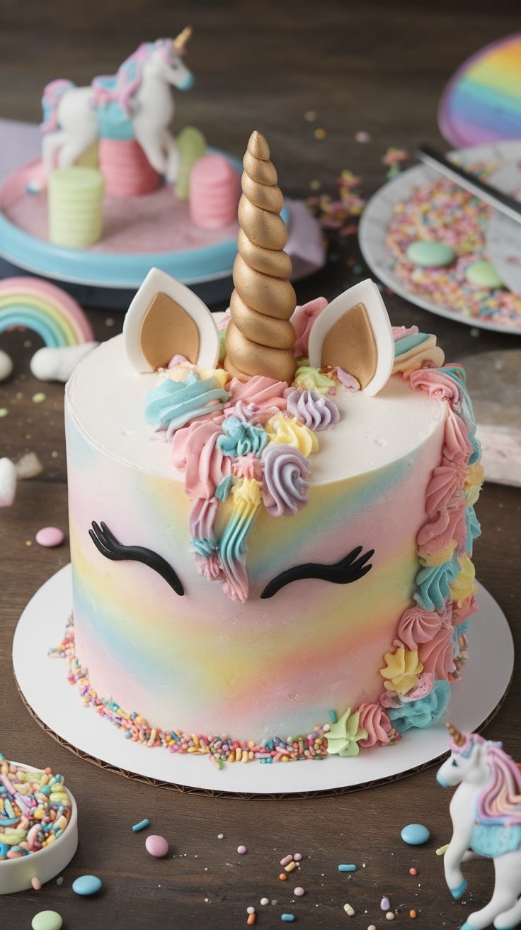 15 Stunning Birthday Cakes for Women A colorful unicorn-themed birthday cake with a horn, ears, and rainbow sprinkles.