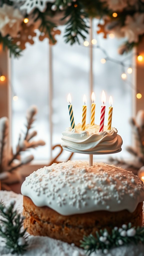 50 Fun and Creative Birthday Phone Wallpapers You’ll Love A beautifully decorated birthday cake with colorful candles, set against a snowy window background.