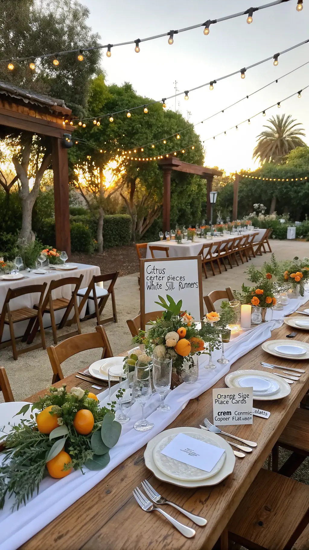 Stunning Citrus Orange Wedding Theme Ideas Sunlit garden venue with harvest tables, citrus centerpieces, crystal glassware, and hanging Edison bulbs creating a magical setting at golden hour.