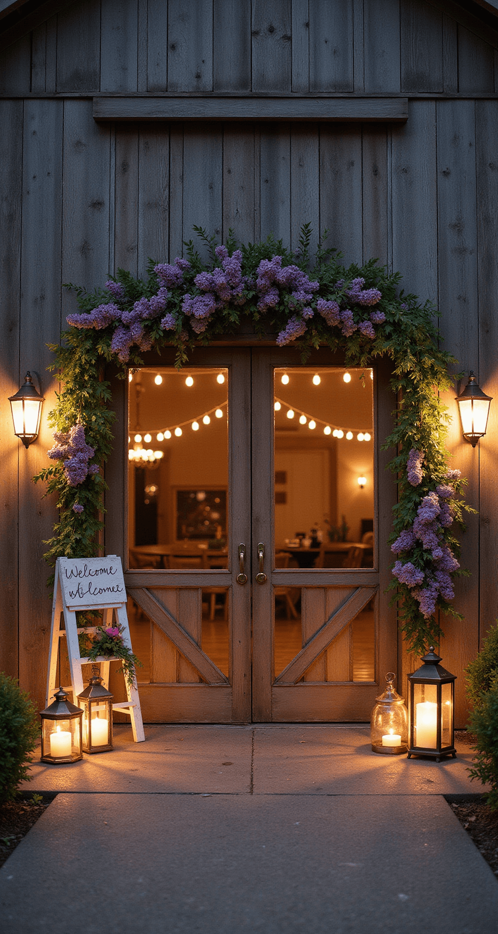 Spring Wedding Flowers: A Comprehensive Guide to Blooming Beauties A twilight scene of a rustic-chic barn entrance with lilac and wildflower floral installations on weathered wooden doors, vintage brass lanterns lining the path, string lights overhead, and a handwritten welcome sign on aged wood against a vintage ladder with small posies.