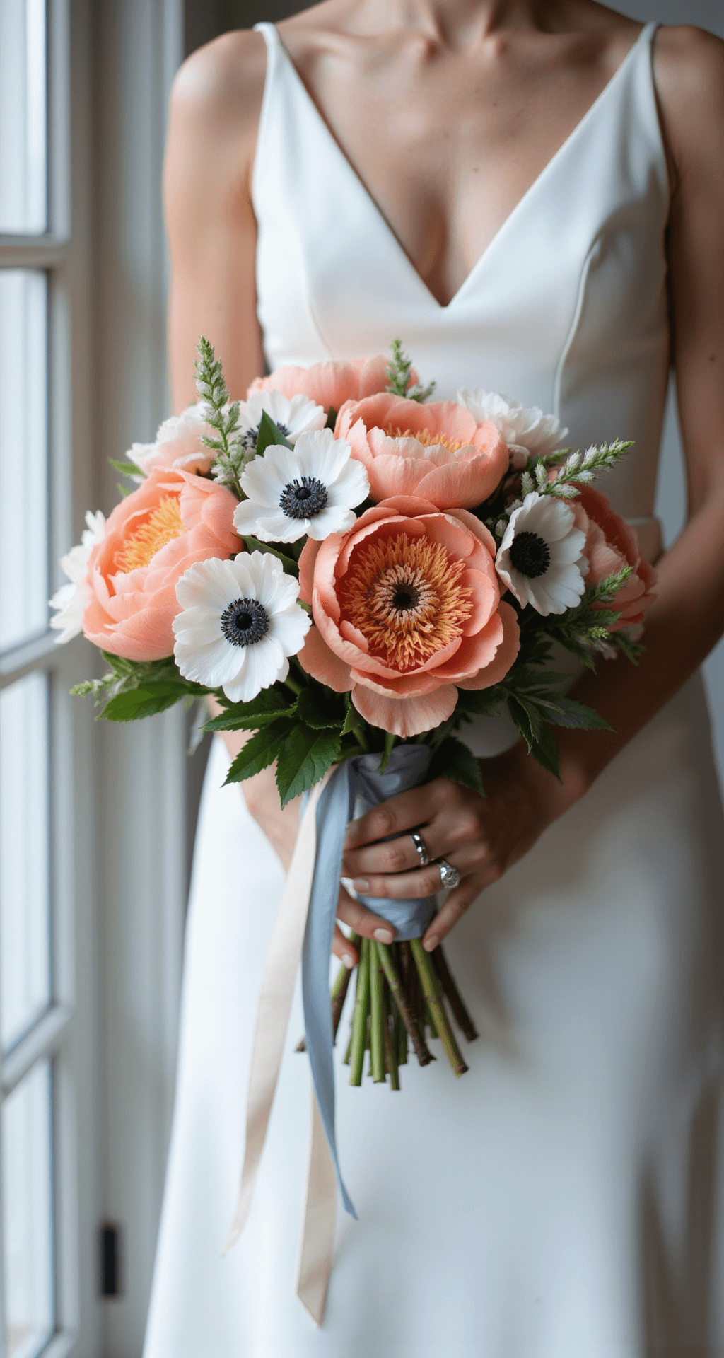 Spring Wedding Flowers: A Comprehensive Guide to Blooming Beauties Close-up of a bridal bouquet against a white dress, featuring coral peonies, blush ranunculus, and white anemones with navy centers. Ivory and pale blue ribbons trail in the breeze, with natural window light highlighting the flower details.