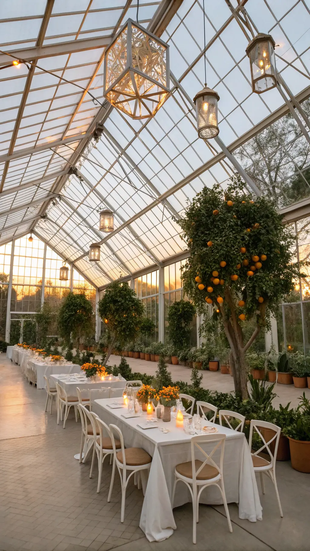 Stunning Citrus Orange Wedding Theme Ideas Overhead view of a greenhouse reception space with glass ceilings at sunset, featuring modern acrylic chairs around white farmhouse tables adorned with terracotta pottery and citrus garlands, brass lanterns with candles, citrus trees, and a dried orange slice and fairy light installation.