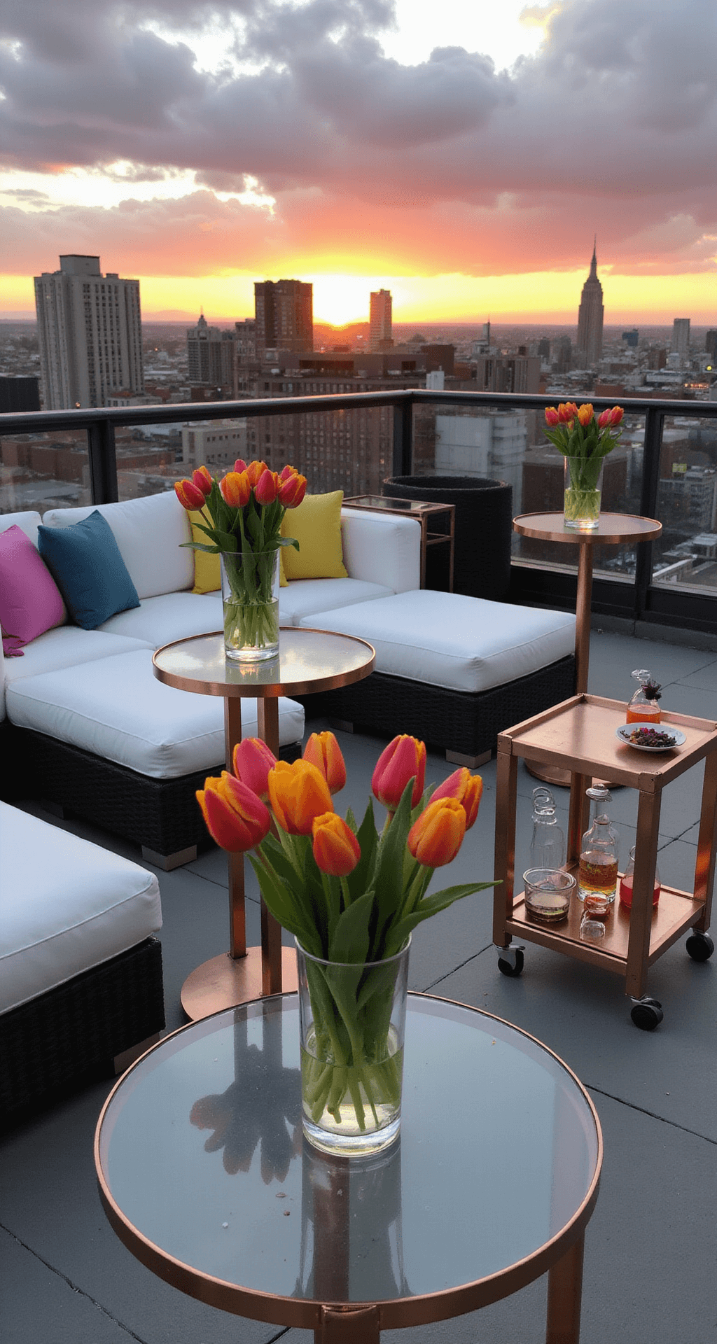 Spring Wedding Flowers: A Comprehensive Guide to Blooming Beauties A stylish rooftop cocktail setup at sunset with lucite tables, tulip arrangements, a copper bar cart with signature drinks, white lounge furniture with colorful pillows, and twinkling city lights in the background.