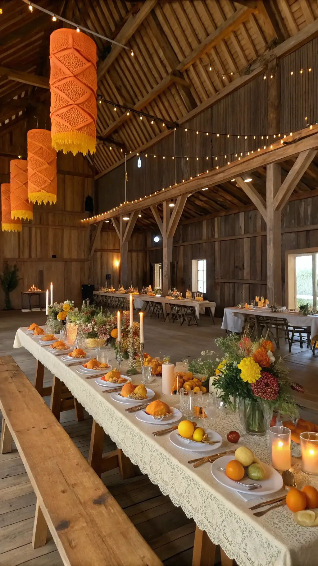 Stunning Citrus Orange Wedding Theme Ideas A rustic-modern barn interior with exposed wooden beams and soft afternoon light, featuring imperial tables adorned with citrus-toned fruit, flowers, colored glass vessels, brass candlesticks with orange candles, and macramé runners, under suspended orange and yellow paper lanterns.