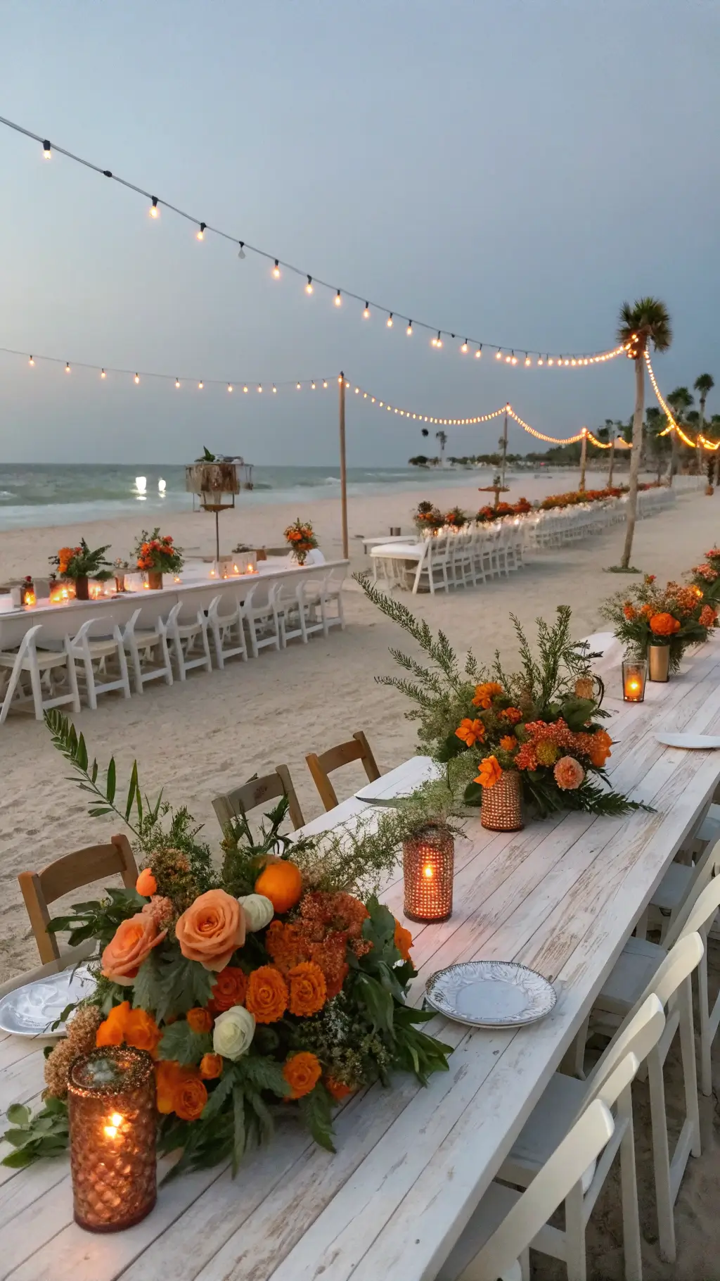 Stunning Citrus Orange Wedding Theme Ideas Beachfront celebration with crescent-arranged wooden tables, orange floral and citrus displays in copper urns, illuminated by string lights and candles, featuring ghost chairs and orange silk accents against a twilight sky.