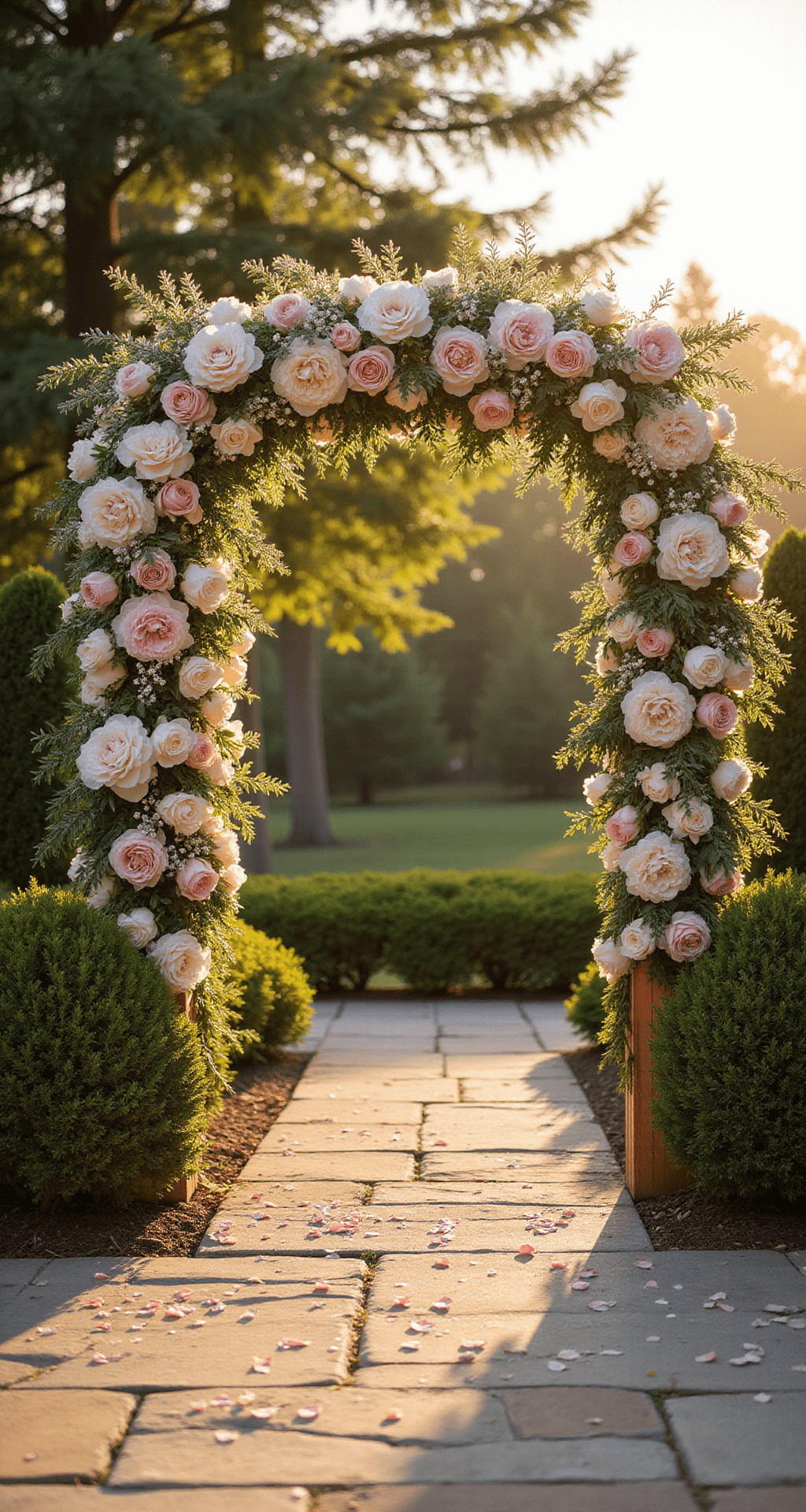Wedding Arch Flowers: Your Ultimate Guide to Creating a Stunning Ceremony Backdrop A 9-foot asymmetrical floral arch with blush and ivory roses, peonies, and cascading orchids on weathered copper, adorned with fairy lights and Italian ruscus glows in golden sunlight, dew drops glisten, while a stone pathway lined with rose petals leads to the arch.