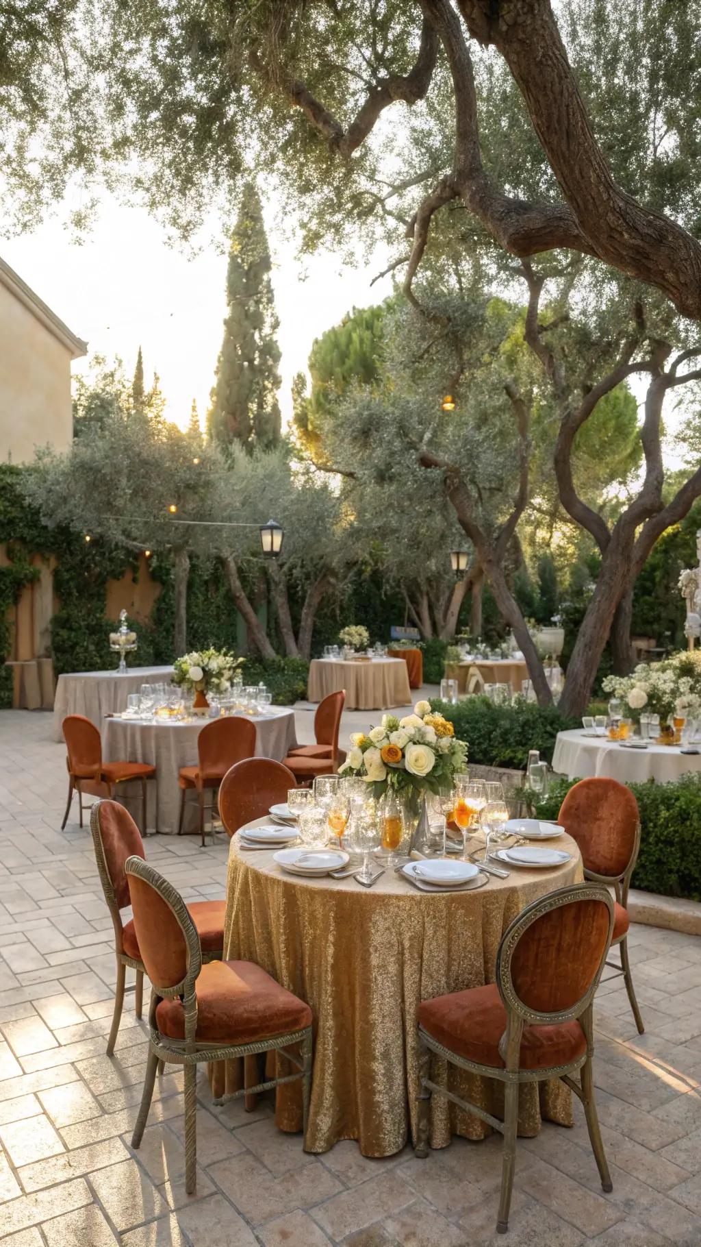 Stunning Citrus Orange Wedding Theme Ideas An intimate courtyard at midday with round tables featuring citrus topiaries and white blooms, surrounded by orange velvet chairs and hand-painted tile chargers, under mature olive trees with dappled sunlight.