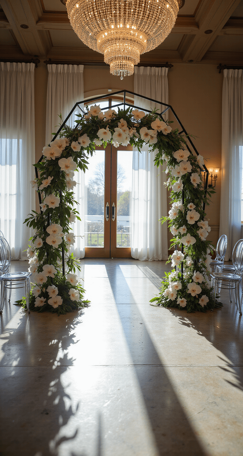 Wedding Arch Flowers: Your Ultimate Guide to Creating a Stunning Ceremony Backdrop Modern ballroom with a geometric black metal arch adorned with white orchids and lilies, lit dramatically; clear chairs arranged semicircle on a marble floor with chandeliers and sheer draped windows in the background.