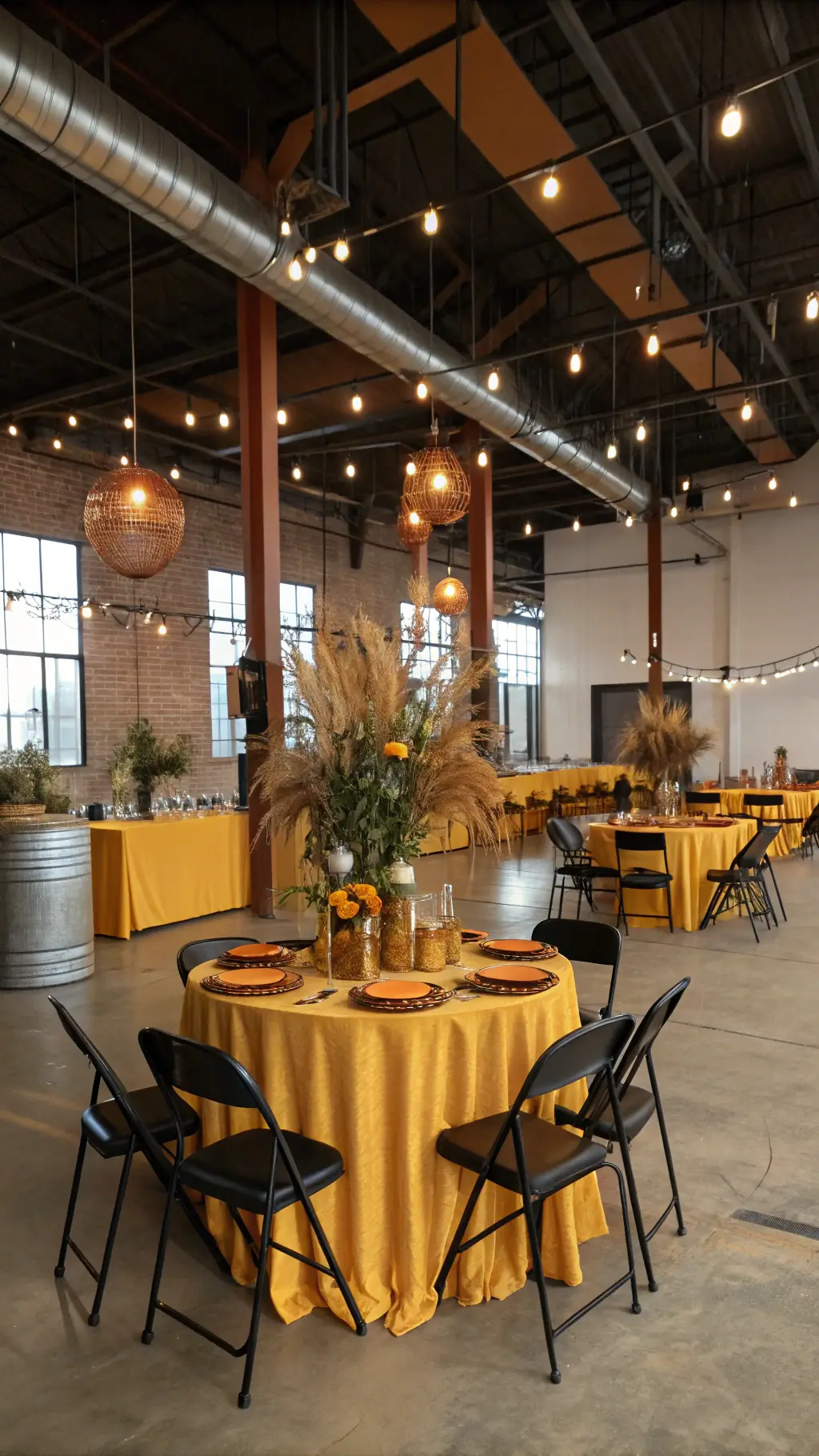 Stunning Citrus Orange Wedding Theme Ideas An industrial loft with black metal chairs and marigold silk-covered tables featuring brass centerpieces of dried oranges and pampas grass, copper pipe light fixtures with Edison bulbs, and citrus elements against concrete floors with amber uplighting.