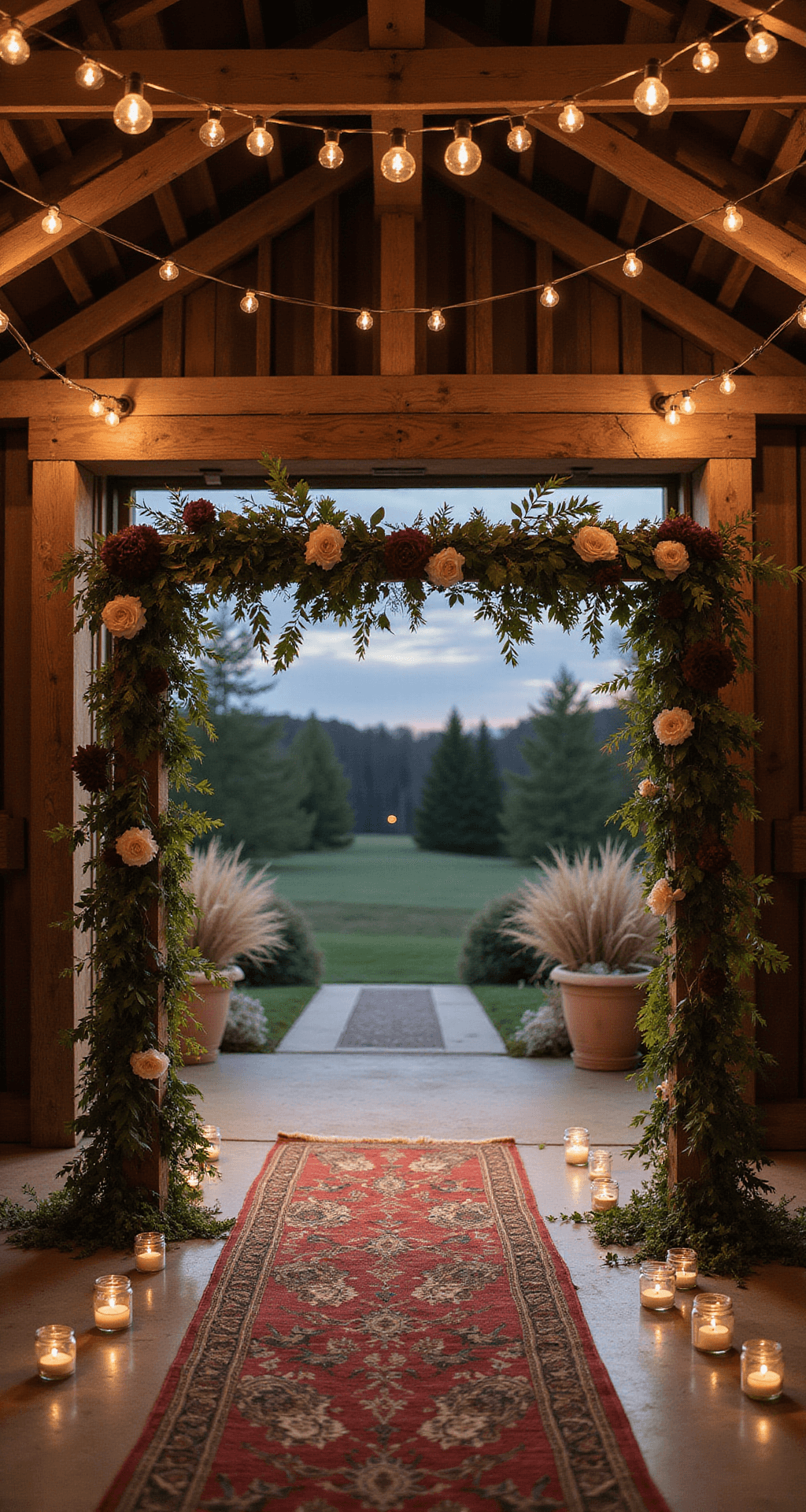 Wedding Arch Flowers: Your Ultimate Guide to Creating a Stunning Ceremony Backdrop Rustic barn ceremony space adorned with a reclaimed wooden arch wrapped in smilax vine and burgundy dahlias, cream garden roses, floating candles in mason jars, Persian rugs as aisle, and Edison bulb-lit wooden beams in moody twilight.