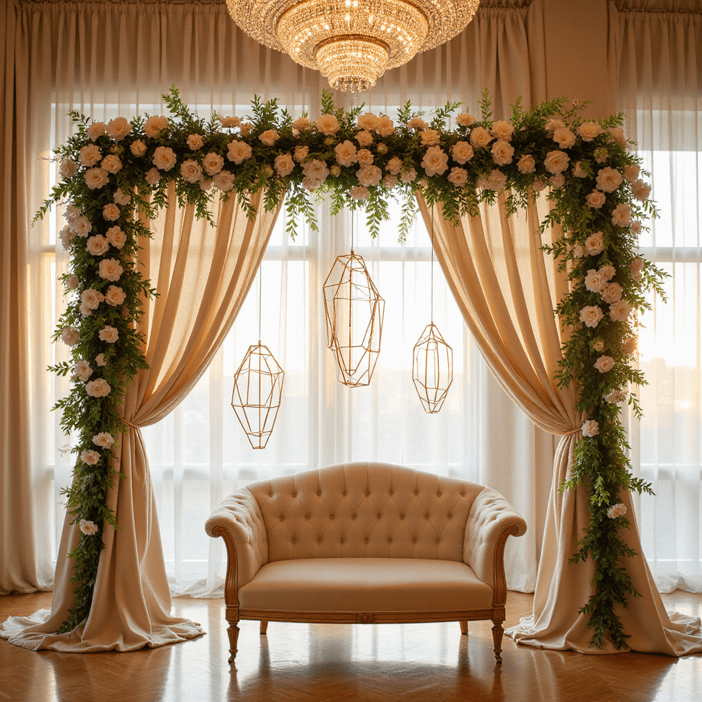 Wedding Stage Decorations: Your Ultimate Guide to Creating a Magical Ceremony Backdrop A grand wedding stage with a 15-foot floral arch of white orchids, blush roses, and ivy, framed by champagne silk drapes, crystal chandeliers, and rose gold geometric installations, with an ivory velvet loveseat, bathed in golden hour light from floor-to-ceiling windows.