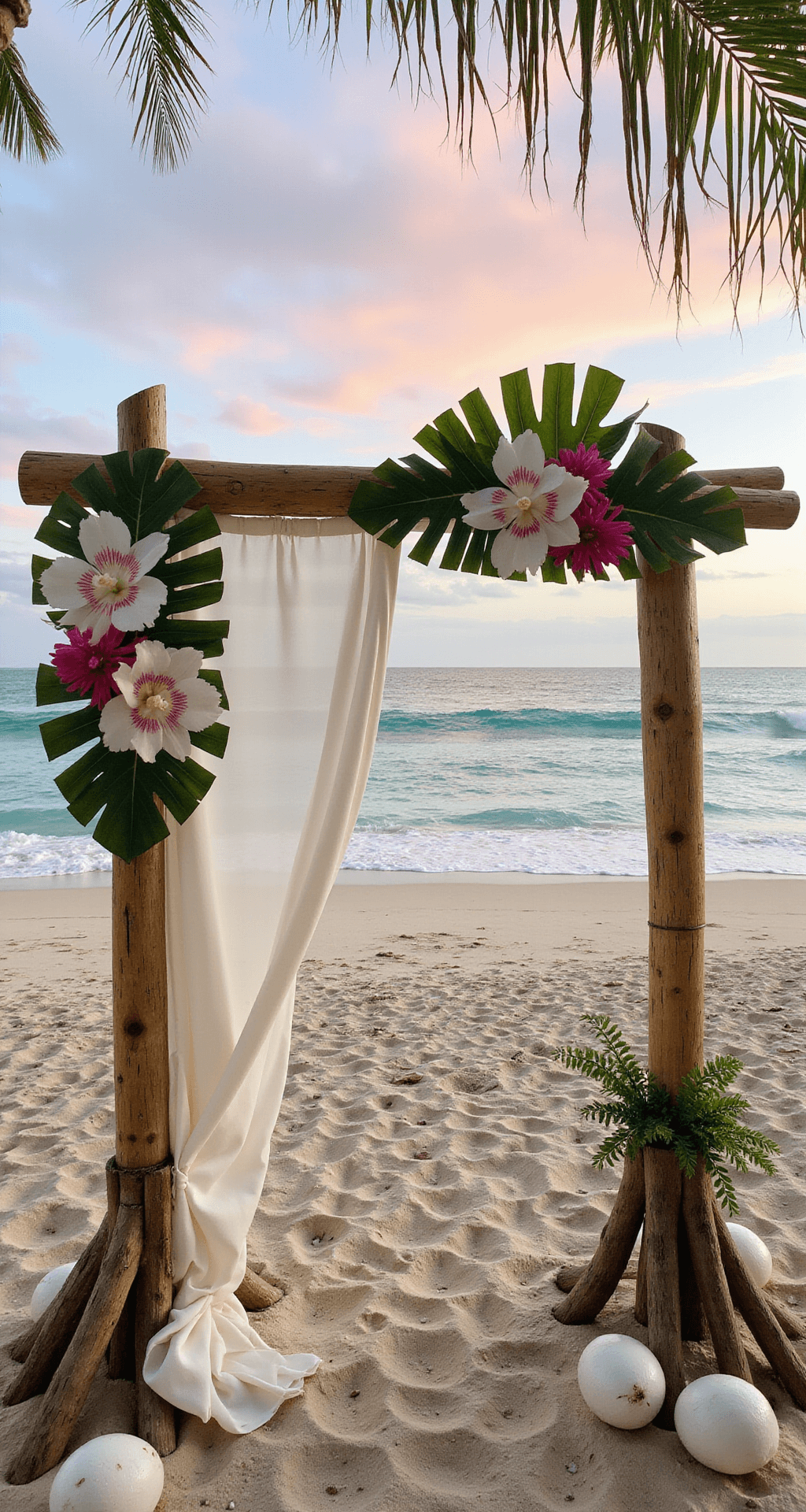 Wedding Arch Flowers: Your Ultimate Guide to Creating a Stunning Ceremony Backdrop Beachfront bamboo arch at sunset with monstera leaves, orchids, protea, and billowing sheer fabric, framed by driftwood posts, coconuts, and foliage, against turquoise waters and pink sky.