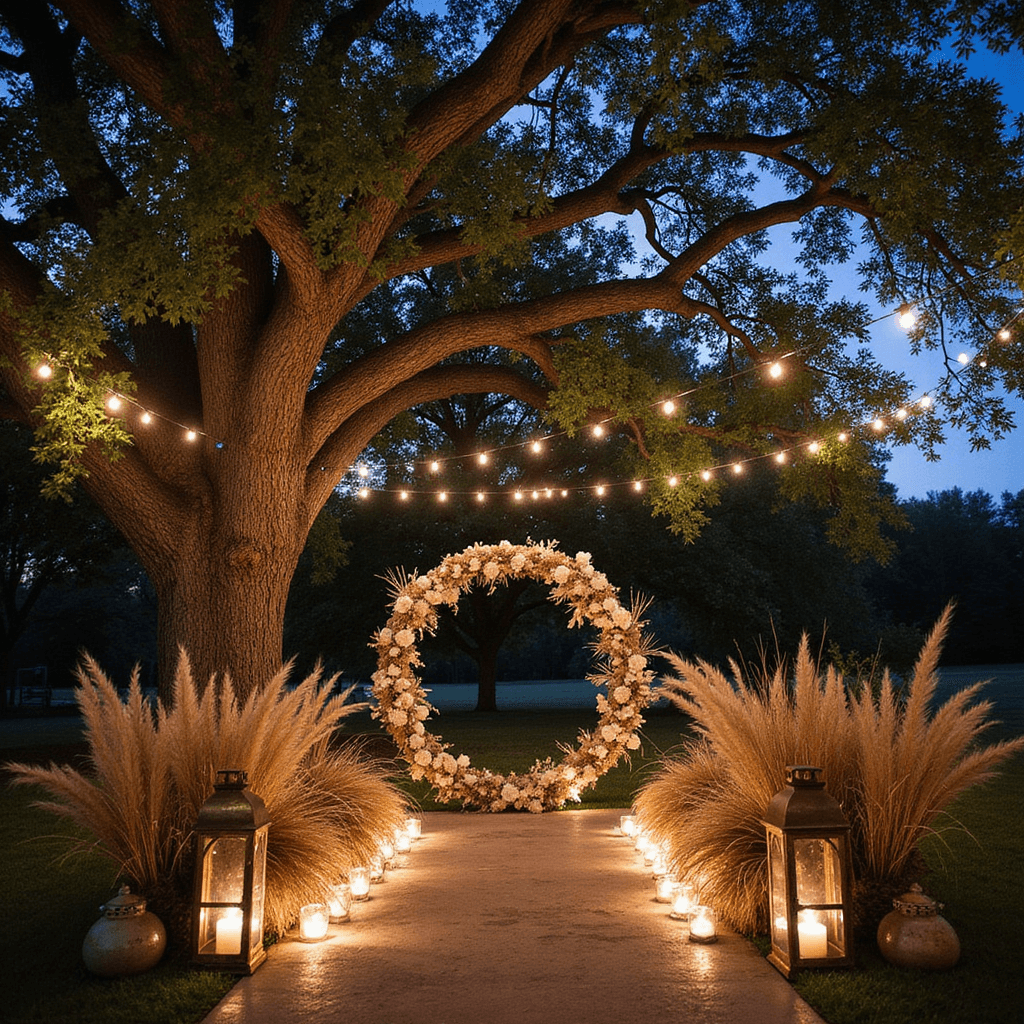 Wedding Stage Decorations: Your Ultimate Guide to Creating a Magical Ceremony Backdrop An outdoor evening ceremony under a large oak tree with fairy lights, a pampas grass moongate, brass lanterns, and macramé hangings.