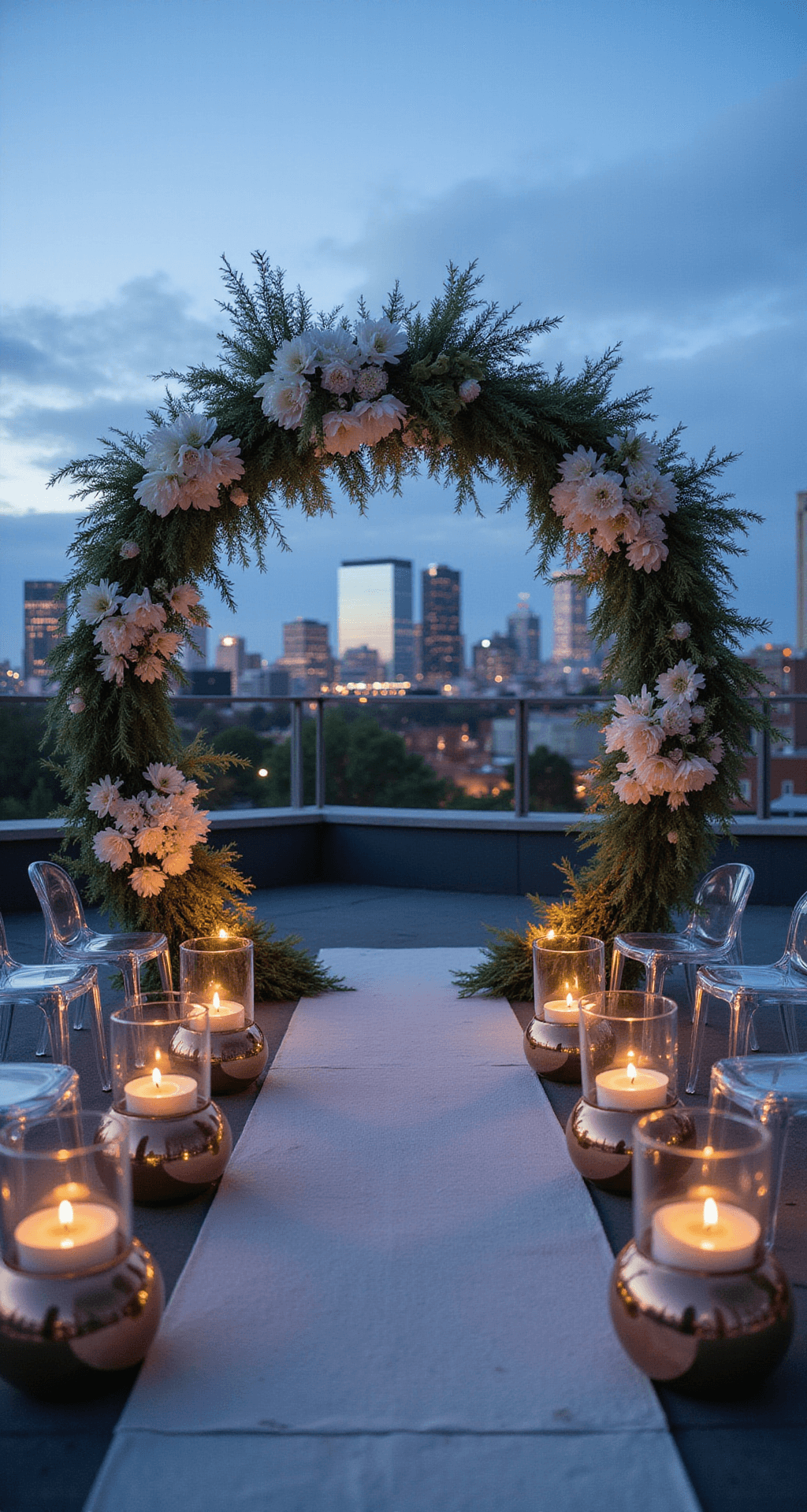 Wedding Arch Flowers: Your Ultimate Guide to Creating a Stunning Ceremony Backdrop A rooftop ceremony setup with a circular metal arch adorned with pampas grass, bleached lunaria, and white anemones, with a city skyline beyond. Ghost chairs are arranged in concentric circles, and geometric copper vessels with floating candles line the aisle. The scene is captured at blue hour, highlighting the twinkling city lights and dramatic urban backdrop.