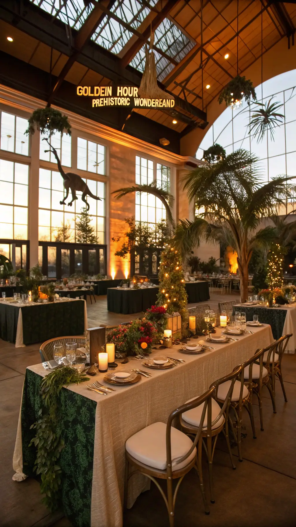 Roar-some Dinosaur Birthday Party Ideas A grand ballroom transformed into a prehistoric-themed scene with warm amber light; hanging greenery and dinosaur silhouettes; tables with moss runners, tropical centerpieces, and elegant place settings; chandeliers draped with vines.