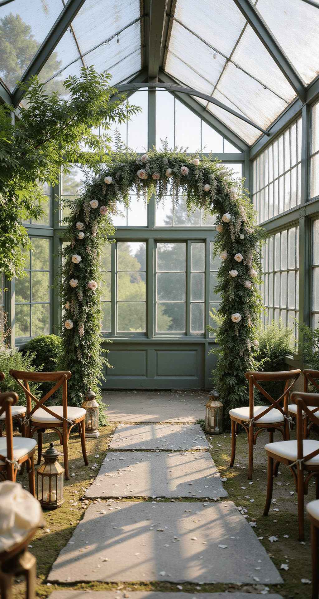 Wedding Arch Flowers: Your Ultimate Guide to Creating a Stunning Ceremony Backdrop Symmetrical view of a greenhouse ceremony with a crystal-clear arch covered in wisteria and roses, mossy stone floor, and white petals. Brass lanterns and crossback chairs line the aisle, with afternoon sun streaming through glass panels.