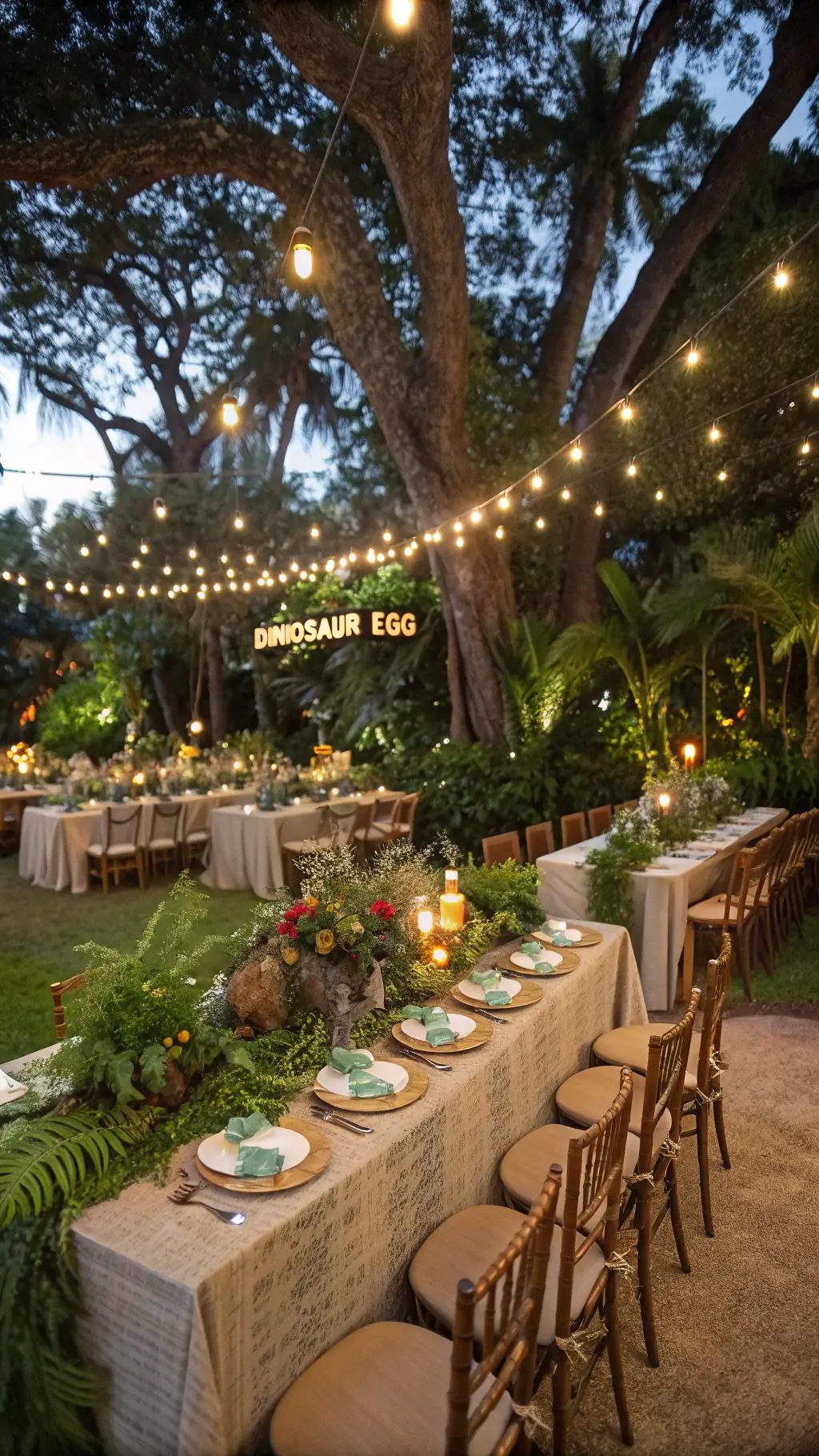 Roar-some Dinosaur Birthday Party Ideas An enchanted garden party setting at dusk with twinkle lights among trees, natural wooden tables with sage linens and bronze accents, and dinosaur egg place cards nestled in ferns; floral installations with tropical foliage; vintage brass telescopes and geological specimens adding whimsy.