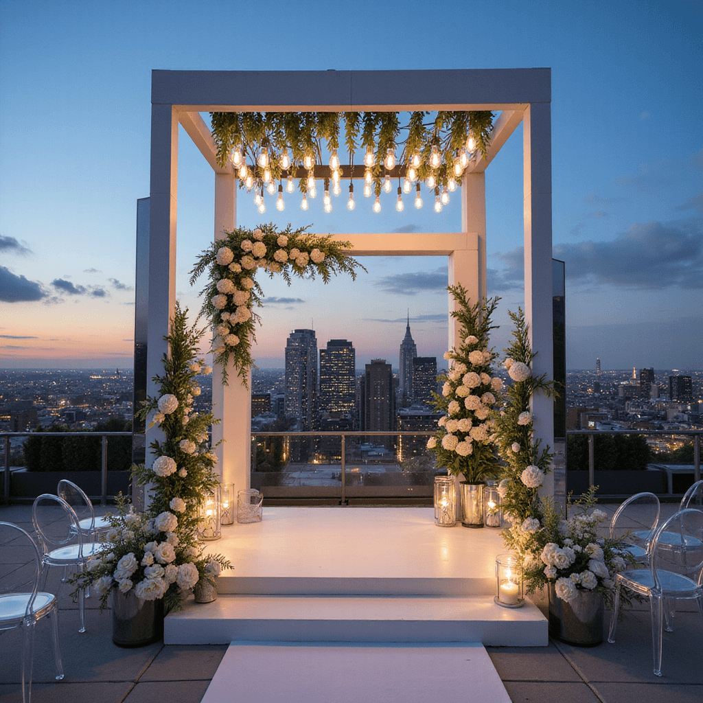 Wedding Stage Decorations: Your Ultimate Guide to Creating a Magical Ceremony Backdrop A minimalist rooftop wedding stage at twilight with a modern white arch, asymmetrical white and green floral arrangements, ghost chairs, mirror-finish geometric pillars, uplighting, and a canopy of Edison bulbs overhead, shot from a low angle.