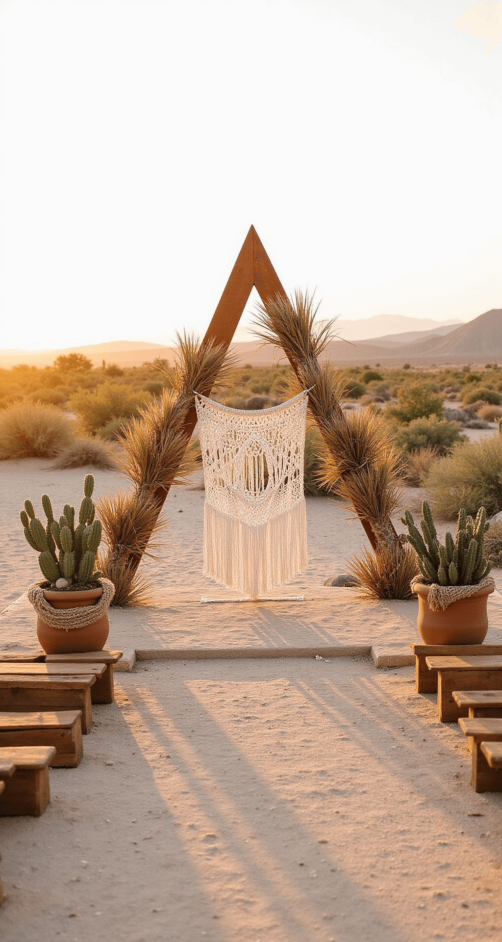 Wedding Arch Flowers: Your Ultimate Guide to Creating a Stunning Ceremony Backdrop An elevated view of a boho desert ceremony setup with a triangular copper arch adorned with dried palms, pampas grass, and nude roses. Terra cotta urns filled with cacti and succulents are placed at the base. Low wooden benches are arranged in a crescent shape. A macramé backdrop sways gently in the breeze, all bathed in golden hour light against a backdrop of sand and mountains.