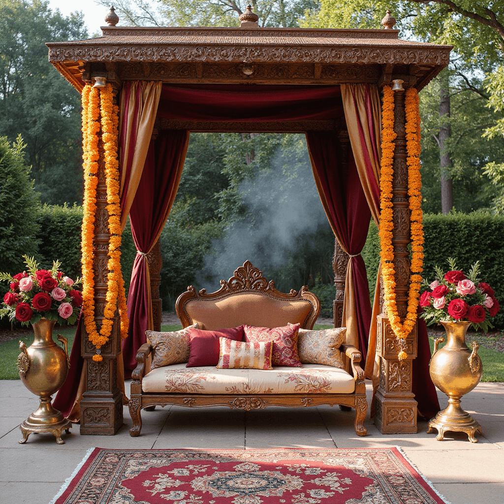 Wedding Stage Decorations: Your Ultimate Guide to Creating a Magical Ceremony Backdrop A traditional Indian wedding mandap in a garden courtyard with hand-carved wooden pillars, marigold garlands, red roses, burgundy and gold silk drapes, brass urns with flowers, jewel-toned cushions on vintage rugs, morning light, and smoke.