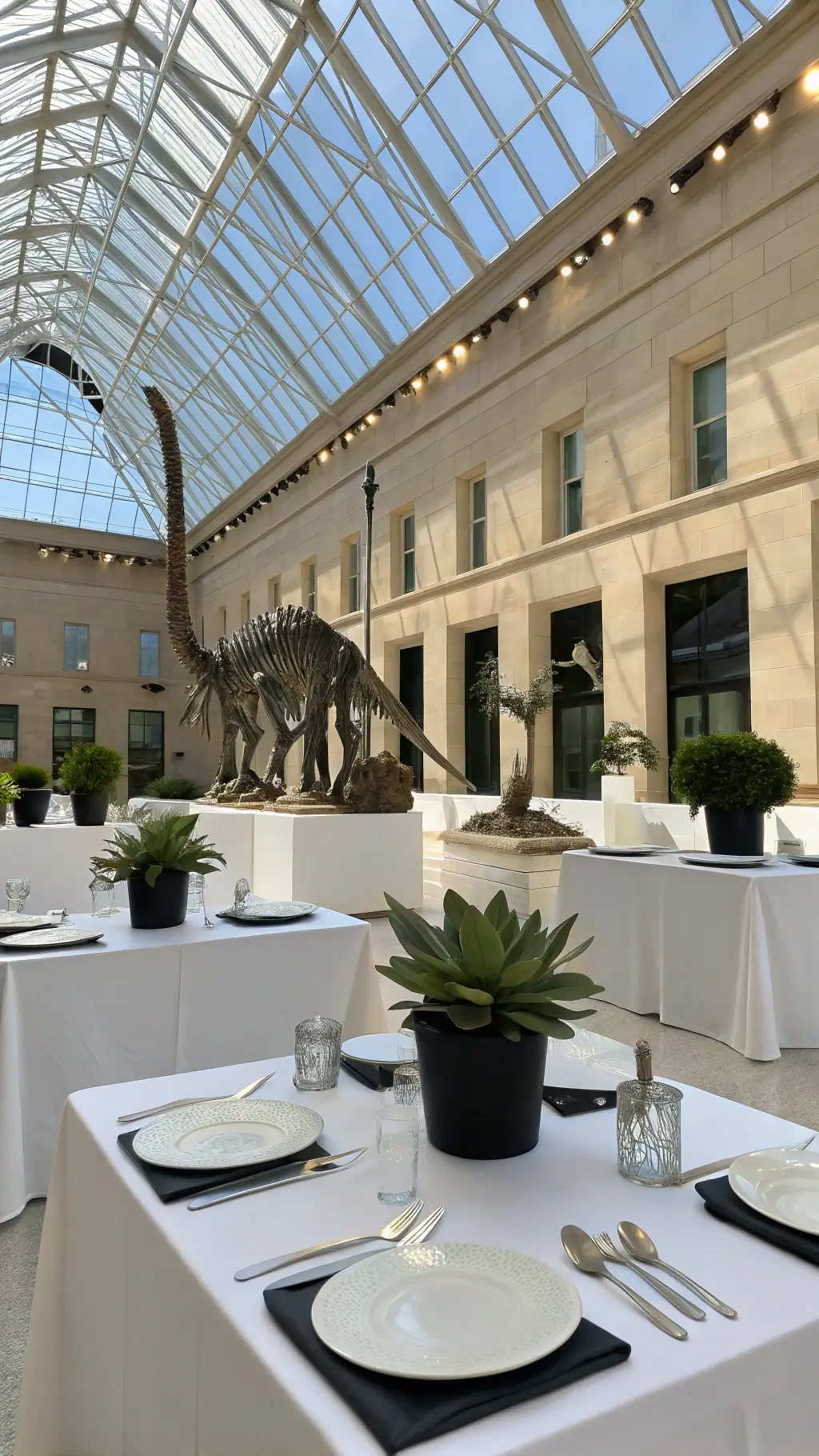 Roar-some Dinosaur Birthday Party Ideas A brightly lit modern museum atrium with a glass ceiling, featuring geometric white tables, chrome dinosaur sculptures, and succulents in black planters, complemented by origami dinosaur napkins, sleek crystal glassware, and industrial pendant lights. dinosaur birthday party