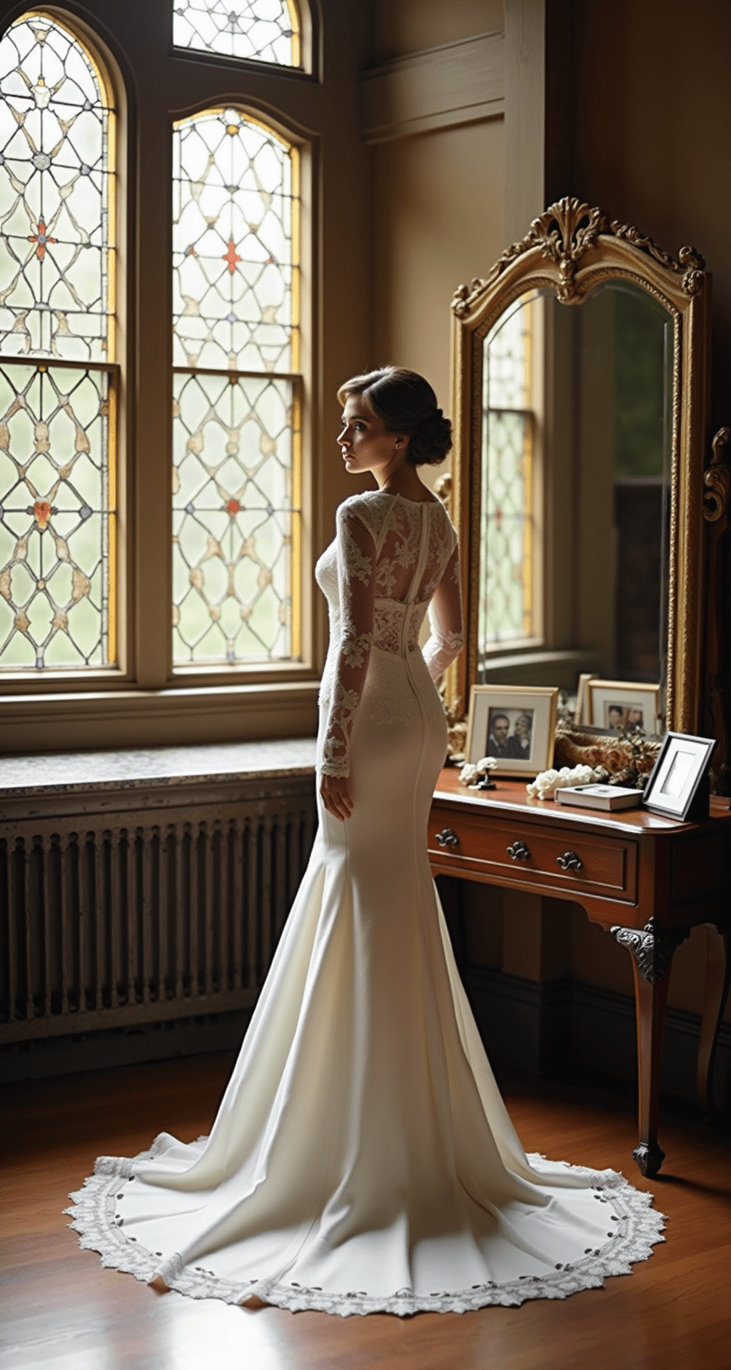 The Complete Guide to Classic Wedding Dress Styles Bride in a fitted sheath dress with Chantilly lace overlay standing in a historic chapel bridal room, with stained glass windows casting diffused mid-morning light, antique vanity table with family photographs, and marble floors reflecting warm lighting.