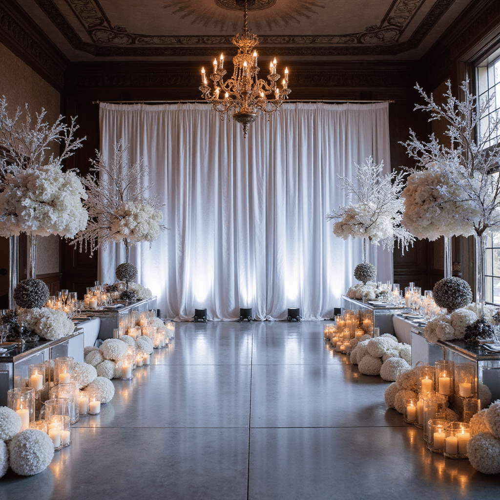 Wedding Stage Decorations: Your Ultimate Guide to Creating a Magical Ceremony Backdrop Luxurious winter wedding stage in a historic mansion with 20-foot white velvet drapes, crystal branch installations, thousands of votive candles, and white hydrangeas with silver-painted foliage, all in moody lighting.