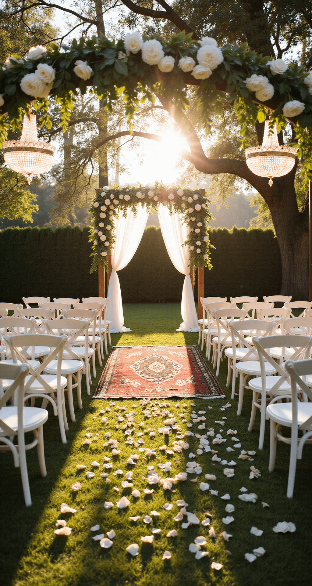 Your Ultimate Guide to Wedding Flowers: Creating Magical Moments in Bloom A garden wedding at golden hour with white chairs, floral arch, chandeliers, and vintage rugs on a rose-petal-lined aisle under warm light.