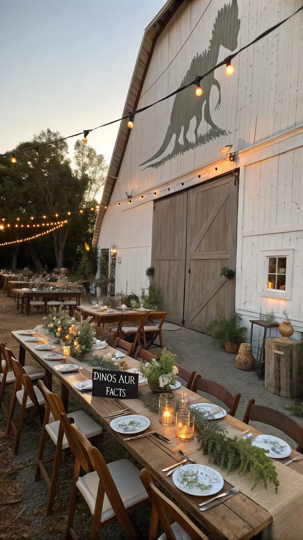 Roar-some Dinosaur Birthday Party Ideas A rustic barn at sunset with dinosaur shadow projections on white-washed walls, featuring wooden tables with burlap runners, fossilized wood centerpieces with ferns and wildflowers, kraft paper placemats with dinosaur facts, and warm lighting from string lights and chandeliers. dinosaur birthday party