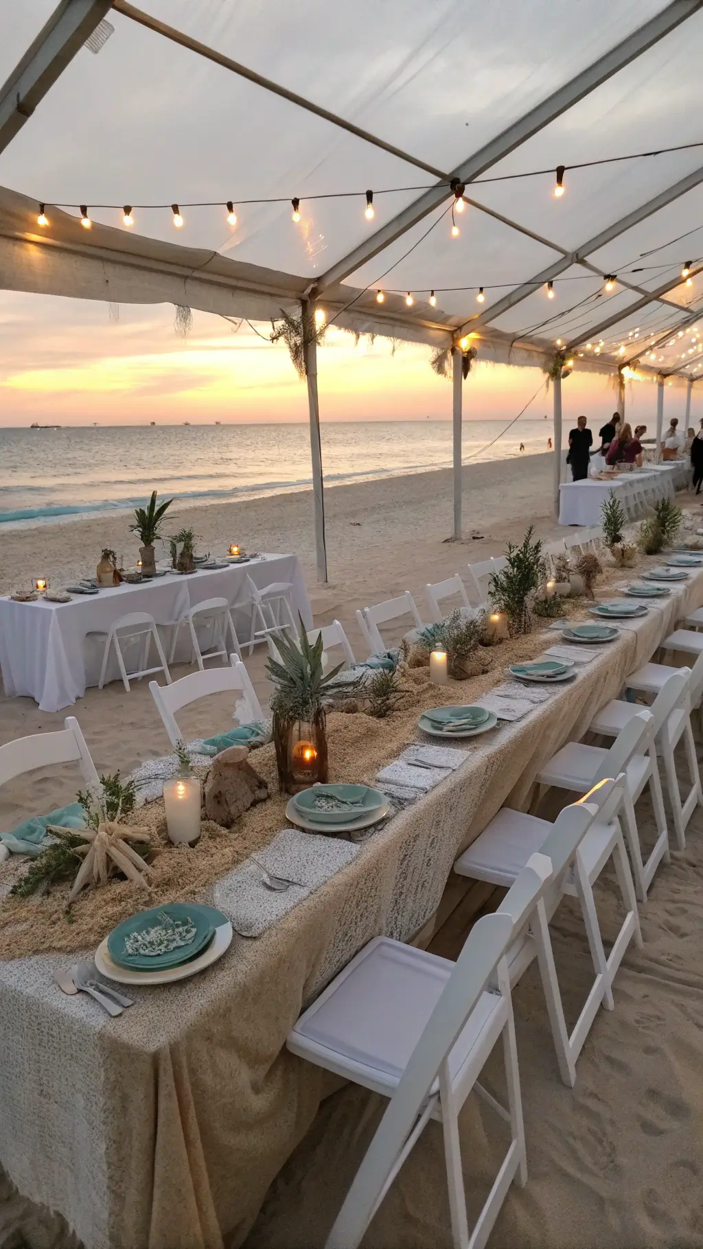 Roar-some Dinosaur Birthday Party Ideas A beachfront celebration with translucent tents glowing in the sunset, long tables with driftwood centerpieces, dinosaur figures in sand, mother-of-pearl chargers, aqua plates, rope votives, and capiz chandeliers. White weathered chairs facing the ocean under golden hour light.