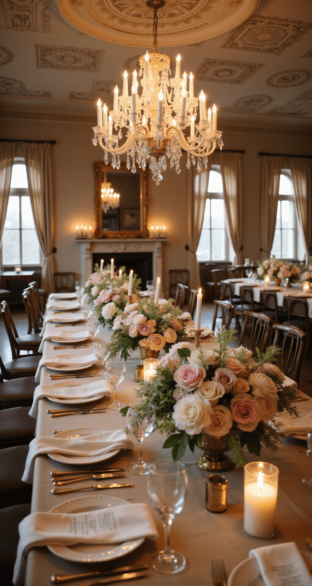Your Ultimate Guide to Wedding Flowers: Creating Magical Moments in Bloom Elevated view of an intimate celebration in a historic ballroom with chandeliers, silk-draped tables, lush floral arrangements, tapered candles, and vintage place settings.