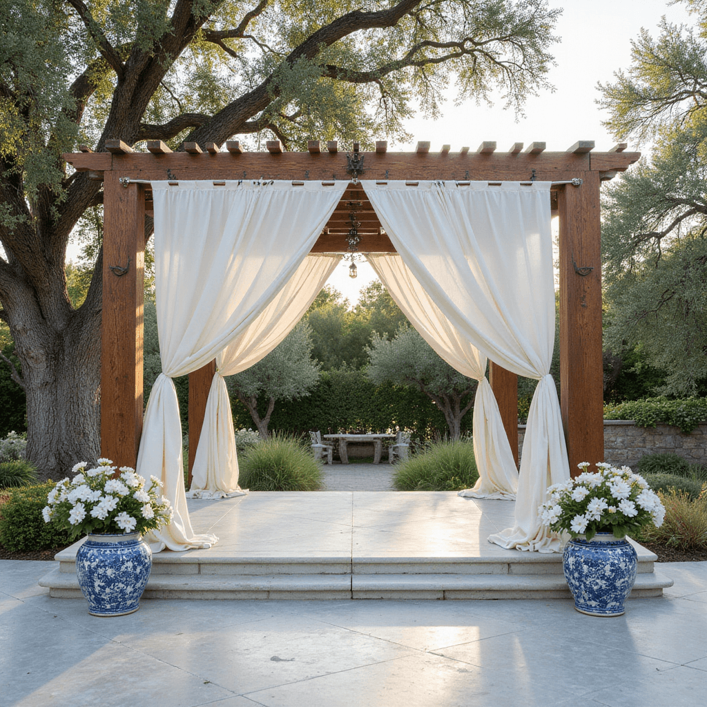 Wedding Stage Decorations: Your Ultimate Guide to Creating a Magical Ceremony Backdrop Mediterranean-inspired outdoor stage on a marble terrace with ancient olive trees, a pergola with white fabric, ceramic vessels with bougainvillea, wrought iron details, citrus trees, during golden hour.