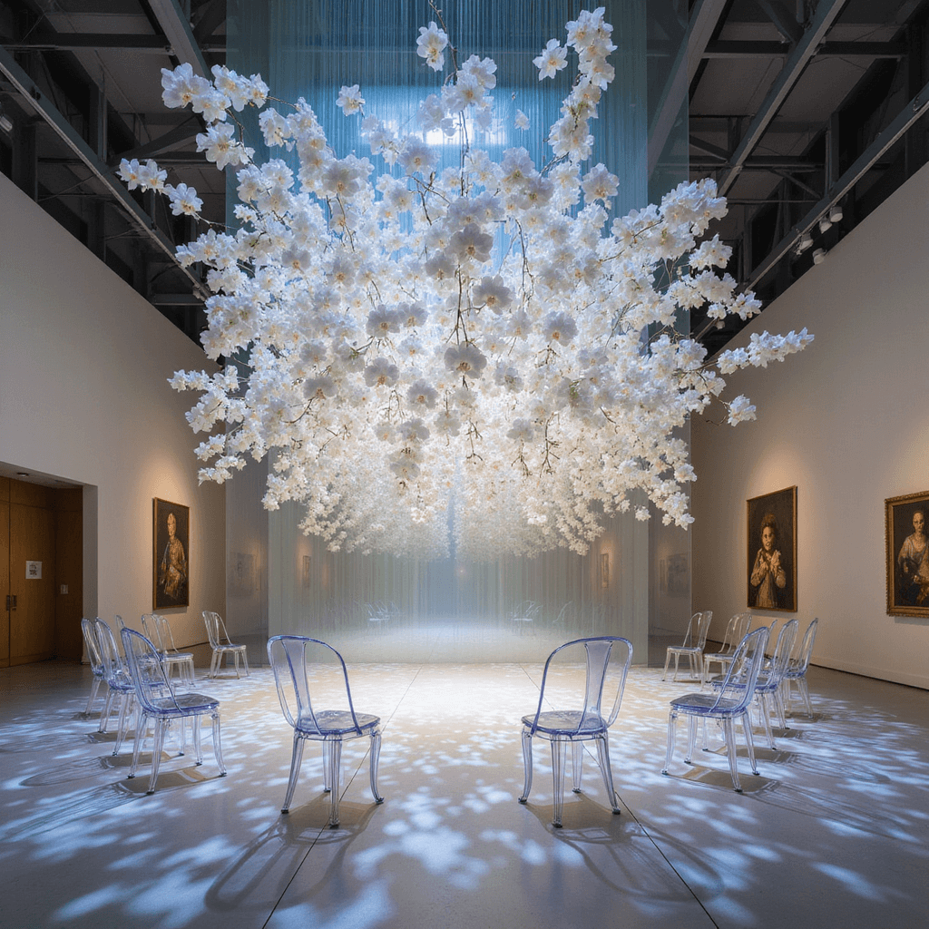 Wedding Stage Decorations: Your Ultimate Guide to Creating a Magical Ceremony Backdrop A futuristic museum interior with thousands of white orchids suspended above a transparent stage, surrounded by gradient-tinted acrylic panels and minimalistic ghost chairs, all illuminated by dramatic lighting.