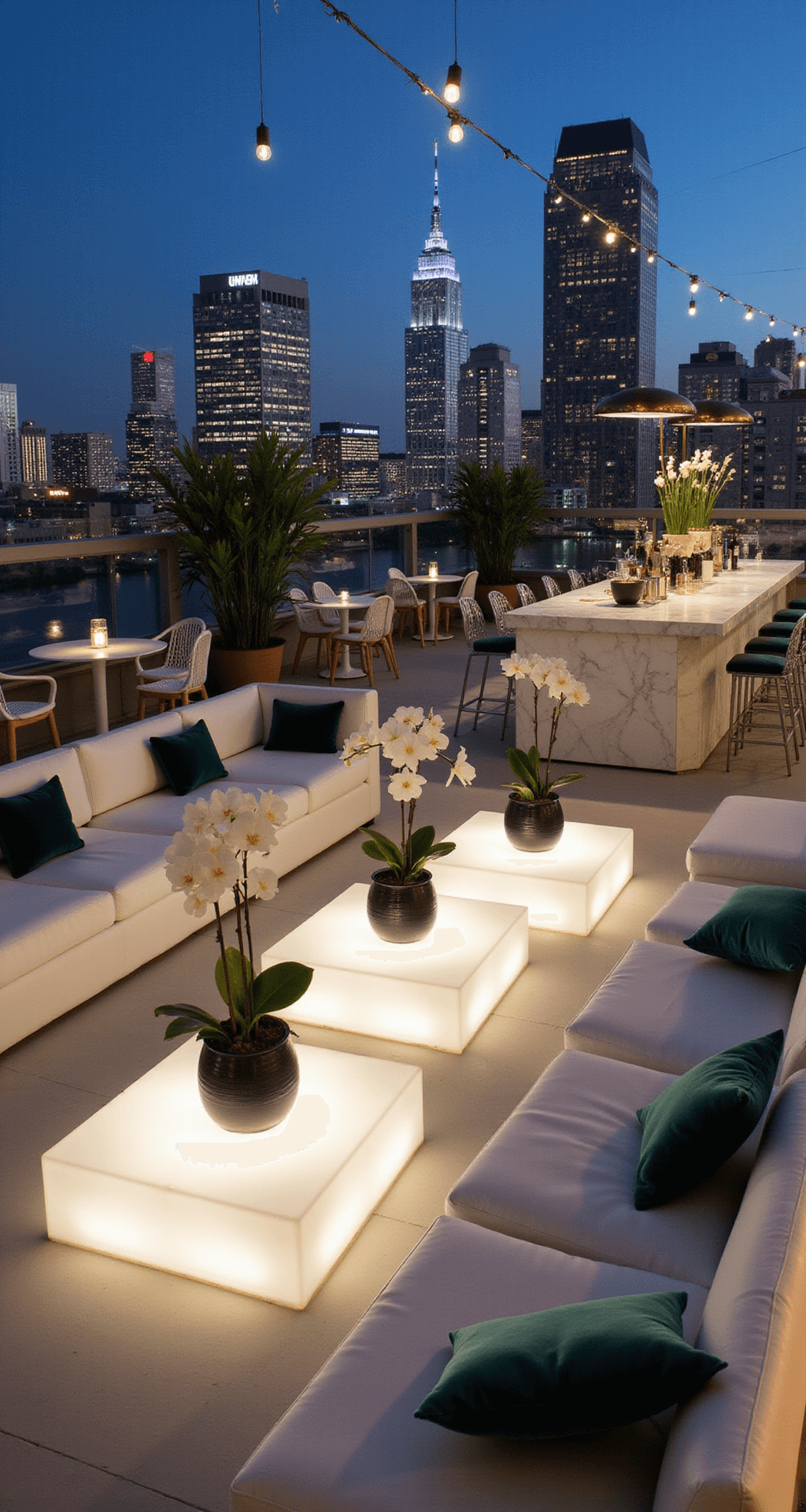 Your Ultimate Guide to Wedding Flowers: Creating Magical Moments in Bloom A modern rooftop cocktail party scene at blue hour, featuring sleek white lounge furniture around glowing acrylic coffee tables, geometric copper lanterns, string lights, black ceramic vases with white orchids and monstera leaves, ghost chairs with emerald velvet cushions at high-top tables, and a marble bar with signature cocktails under modern pendant lights against a city lights backdrop.
