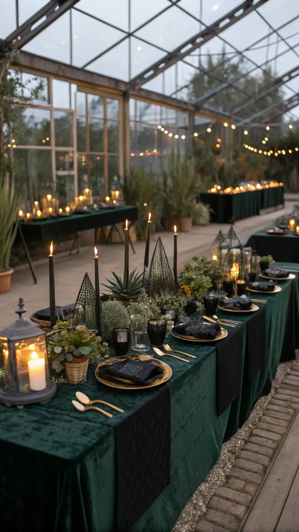 Roar-some Dinosaur Birthday Party Ideas Candlelit greenhouse venue with black candles, green velvet, gold terrariums, and vintage microscopes create a dramatic and mysterious atmosphere. dinosaur birthday party