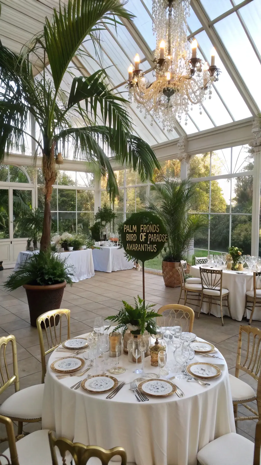 Roar-some Dinosaur Birthday Party Ideas Aerial view of a classic conservatory with glass walls, showcasing manicured gardens, round tables with ivory linens, palm frond centerpieces, antique telescope decorations, crystal chandelier with vines, and scholarly accents like scientific journals and fossil-inspired menu cards. dinosaur birthday party