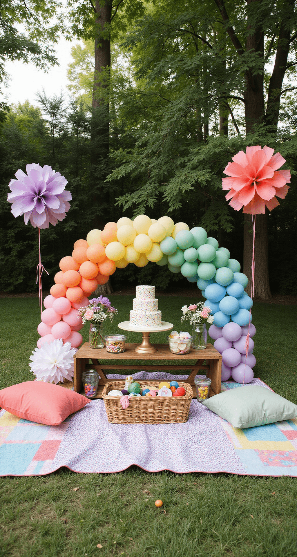 Your Ultimate Guide to Wedding Flowers: Creating Magical Moments in Bloom Overhead view of a colorful children's birthday picnic with vintage quilts, primary-colored floor cushions, rainbow balloon arch, and a confetti cake on a gold stand. Wildflowers in mason jars and baskets with toys decorate the whimsical setup.