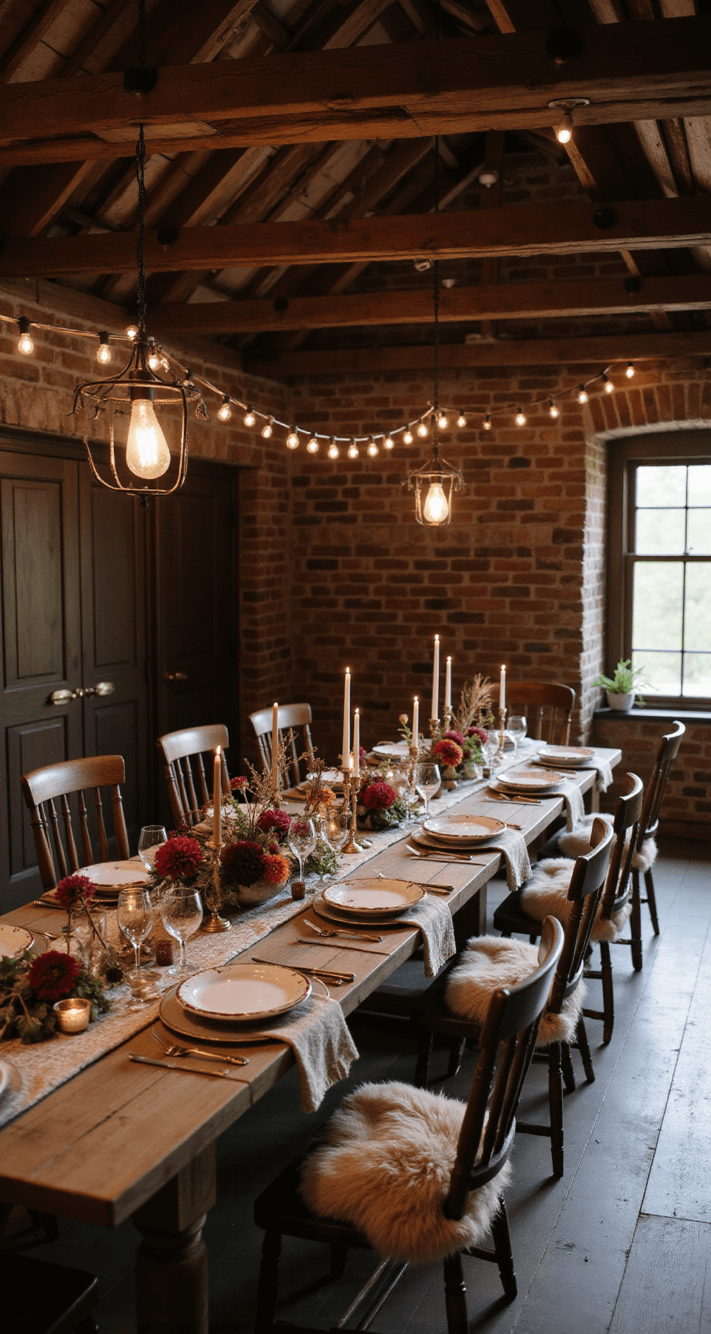 Your Ultimate Guide to Wedding Flowers: Creating Magical Moments in Bloom A renovated barn transformed into a cozy autumn dinner setting with a long wooden table adorned with a textured linen runner, brass candlesticks, and dramatic floral centerpieces of burgundy dahlias and copper beech branches. Edison bulb string lights and iron chandeliers illuminate the space, highlighting vintage Windsor chairs with sheepskin throws.