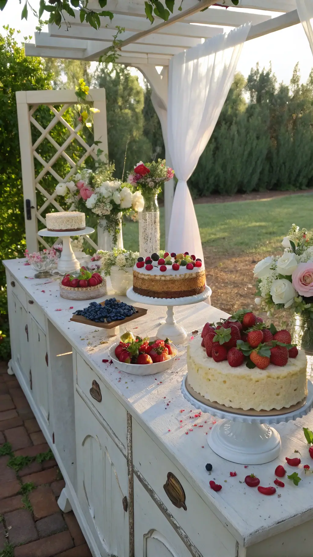 29 Summer Cakes Ideas A sunlit garden dessert station featuring summer berry cakes on vintage milk glass pedestals, set on a white wooden table under a flowering pergola with sheer fabric. Cakes garnished with strawberries, blueberries, and edible flowers are illuminated by golden hour light. Crystal cake stands add height variation, complemented by scattered rose petals and eucalyptus for texture. The pastel hues of cream, berry reds, and sage green are enhanced by soft natural lighting, with the scene shot from a slight elevation.