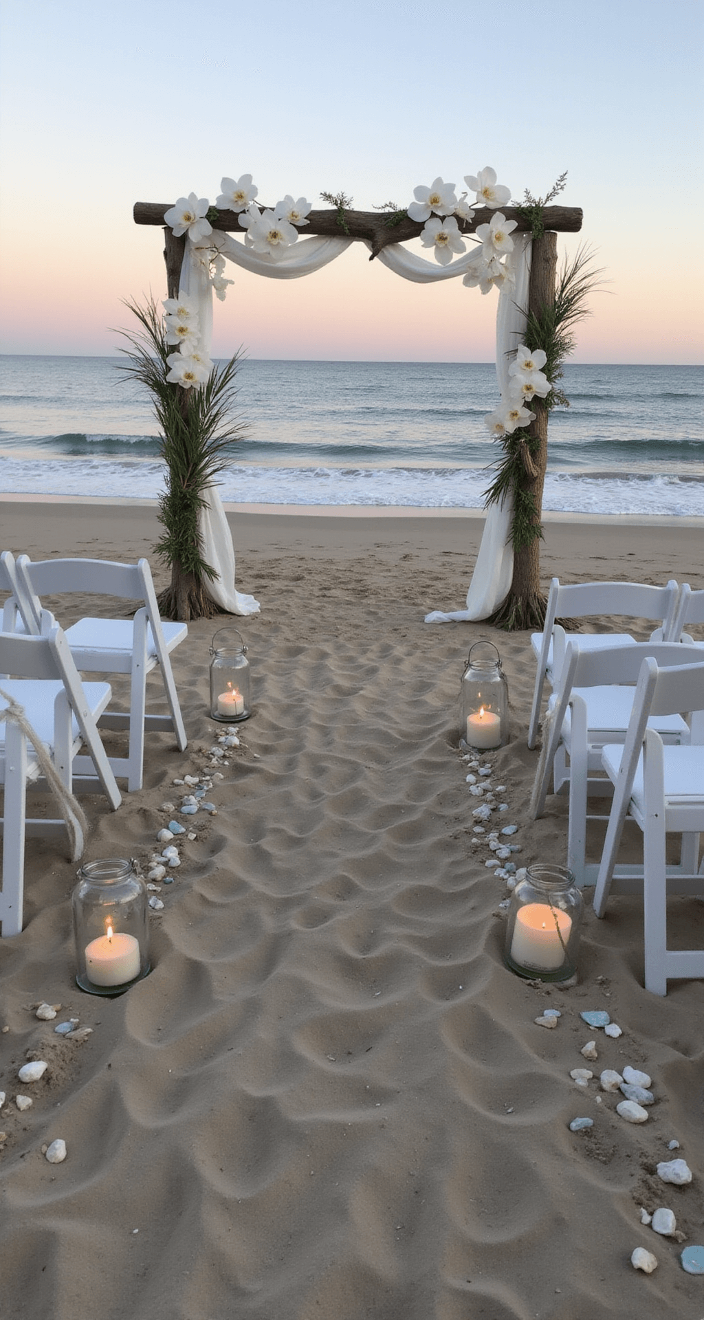 Your Ultimate Guide to Wedding Flowers: Creating Magical Moments in Bloom Seaside celebration at dusk with white chairs and a driftwood arch adorned with orchids and sea grass, lanterns line the aisle, and shells decorate linen chair covers, under a soft pink sky.