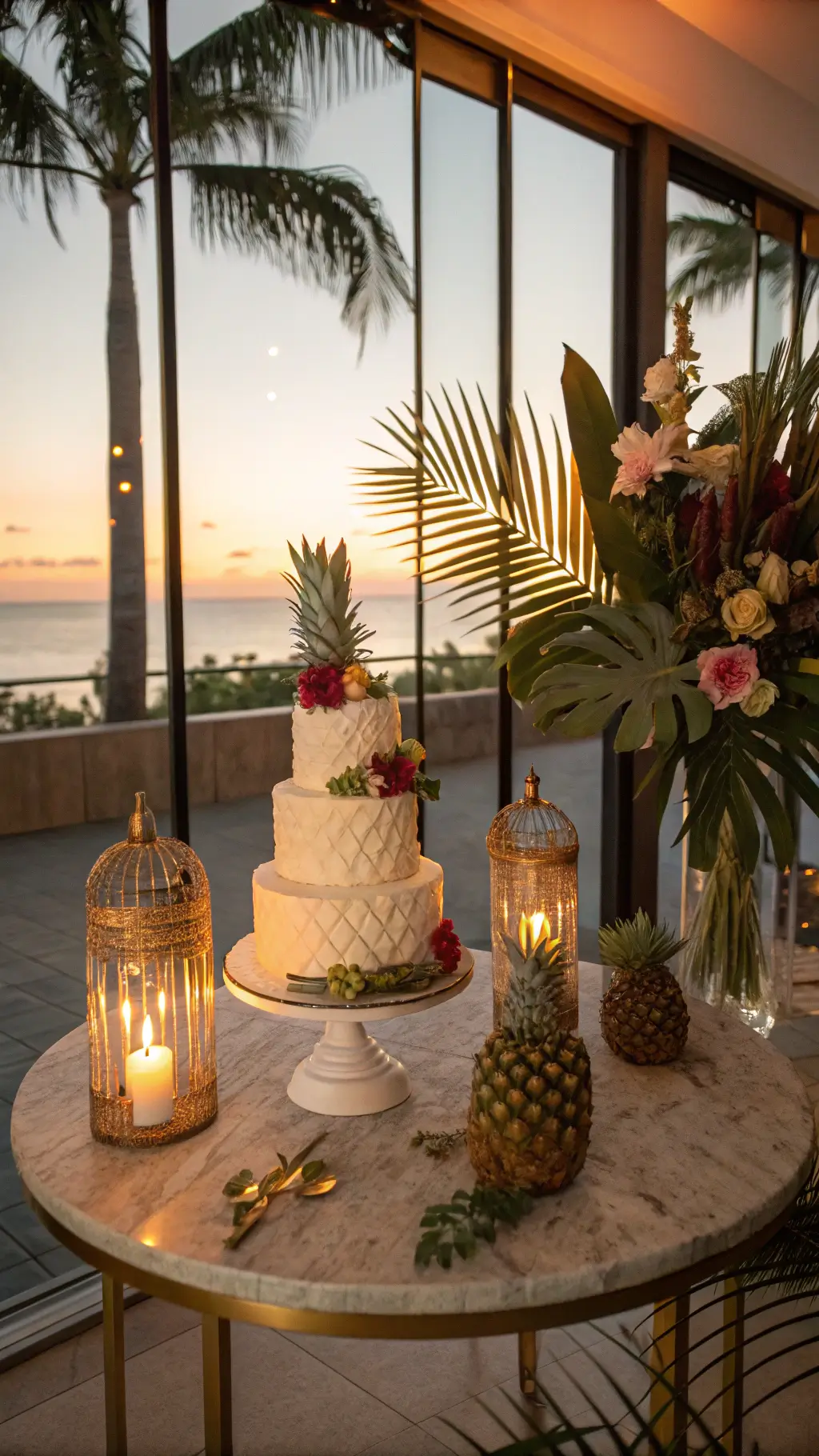 29 Summer Cakes Ideas Tropical-themed indoor celebration at sunset with a dramatic pina colada cake on a marble table, surrounded by palm fronds, orchids, and candles, in a warm, golden-lit room.