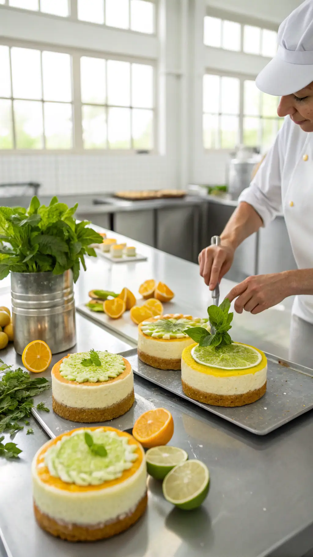 29 Summer Cakes Ideas A bright commercial kitchen scene with morning light highlighting hands decorating a citrus-themed mojito cake with mint and lime zest on a stainless steel counter, surrounded by citrus slices, herb bundles, and pastry tools.