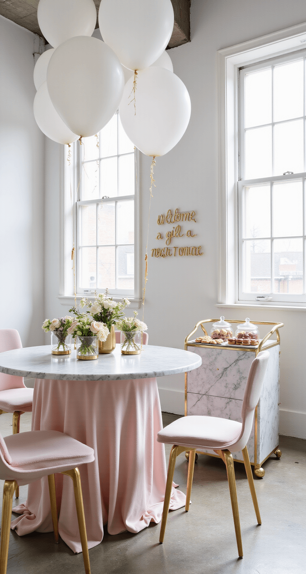 Your Ultimate Guide to Wedding Flowers: Creating Magical Moments in Bloom A contemporary baby shower setup in a bright loft featuring round marble tables with pink velvet linens, brass terrariums with flowers, ghost chairs with blush cushions, white balloons with ribbons, and a marble dessert cart with macarons and petit fours below a neon welcome sign.