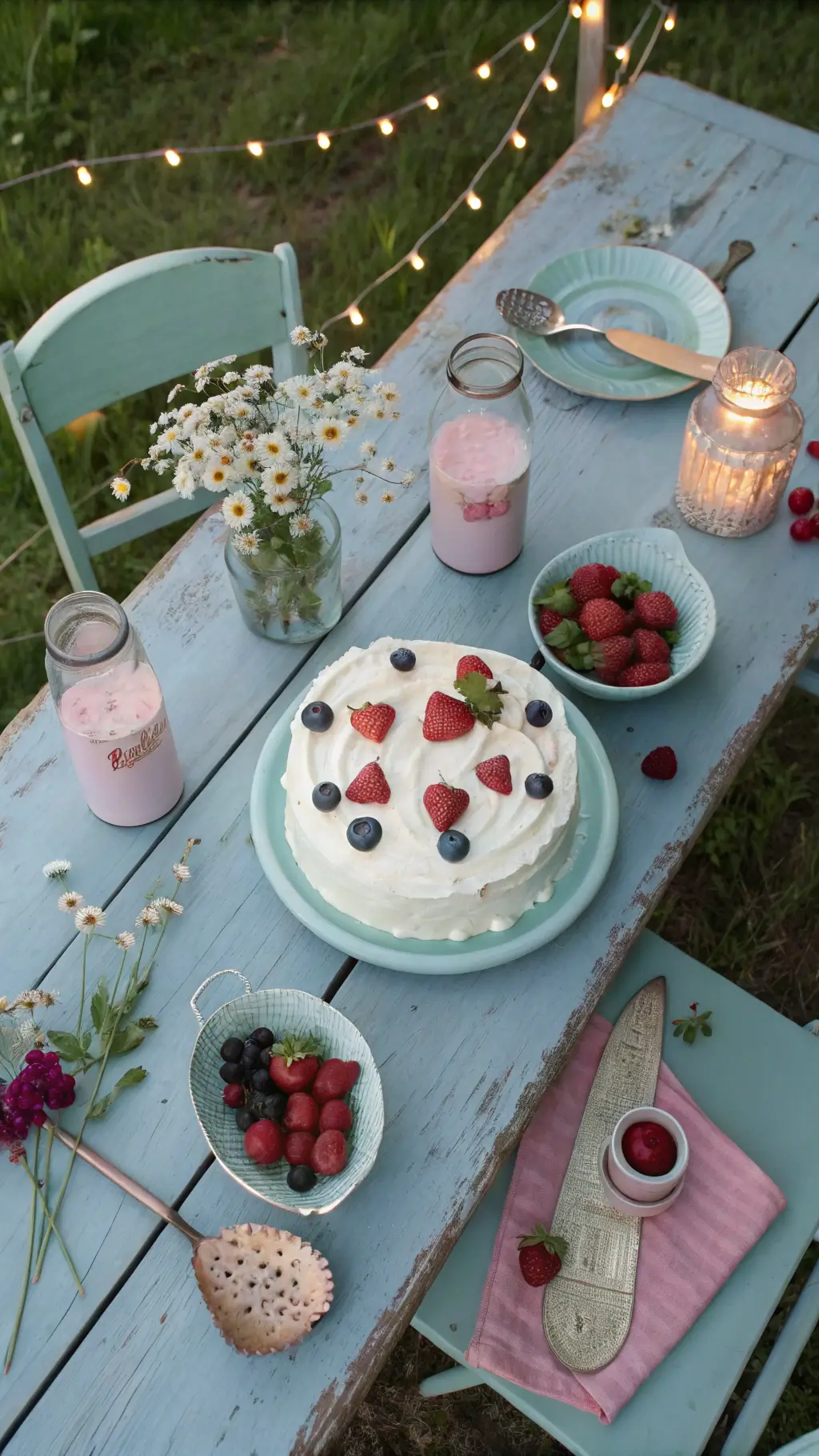 29 Summer Cakes Ideas Overhead view of a vintage ice cream social setup on a blue farmhouse table with an icebox cake centerpiece, antique scoops, milk bottles, pink depression glass, wildflowers, and gingham napkins under string lights.