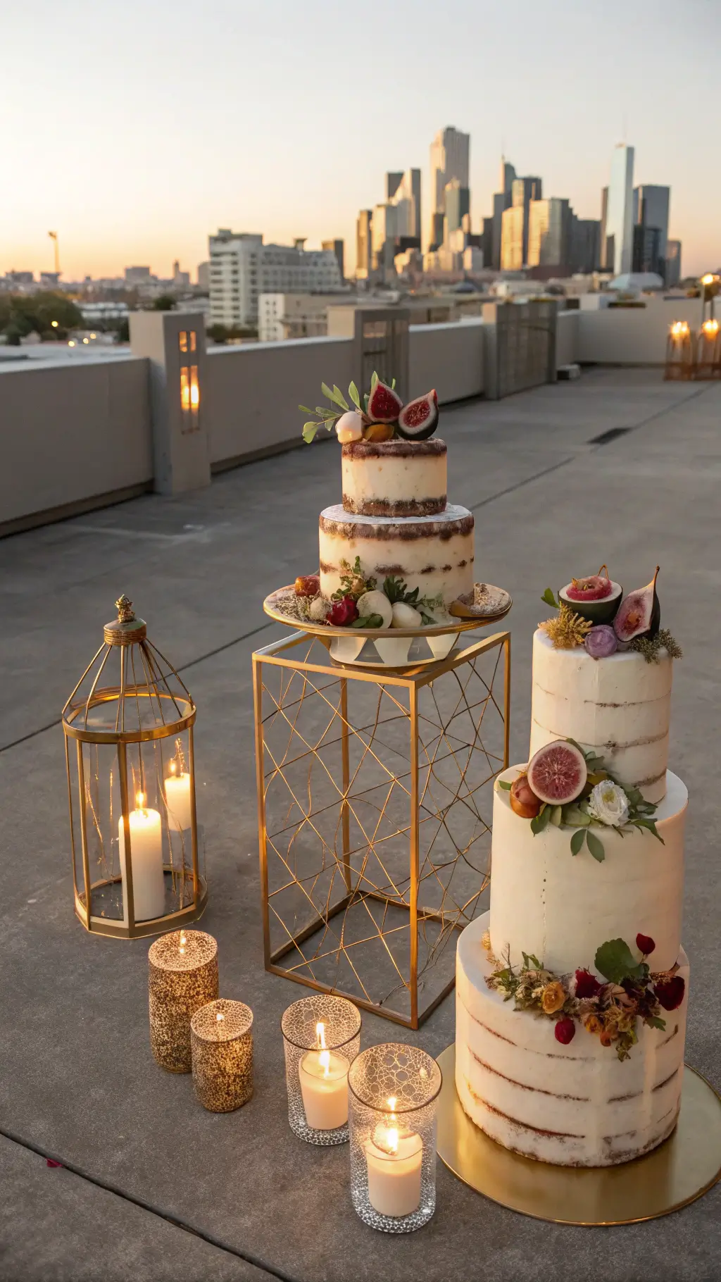 29 Summer Cakes Ideas A modern minimalist rooftop venue at sunset with naked cakes on geometric gold stands, adorned with figs, honey, and edible flowers, set against a city skyline. Copper lanterns and pillar candles provide ambient lighting, casting long shadows on the concrete floor.